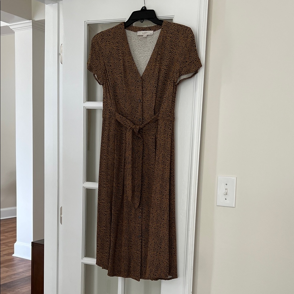 LOFT Brown Animal-Print Midi Dress with Tie Waist
